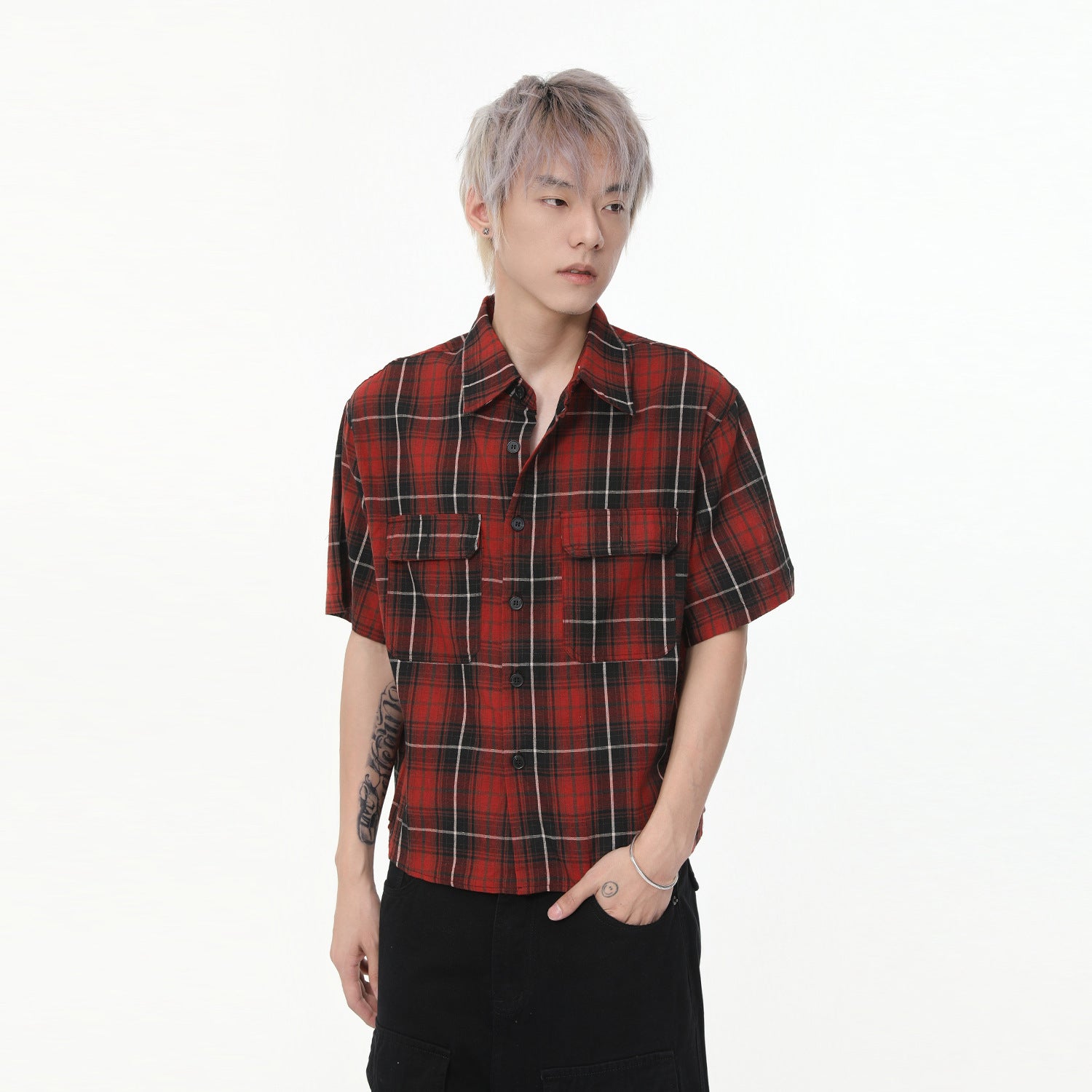 MTLCLOTHES Vintage Lapel Short-sleeved Contrasting Plaid Shirt