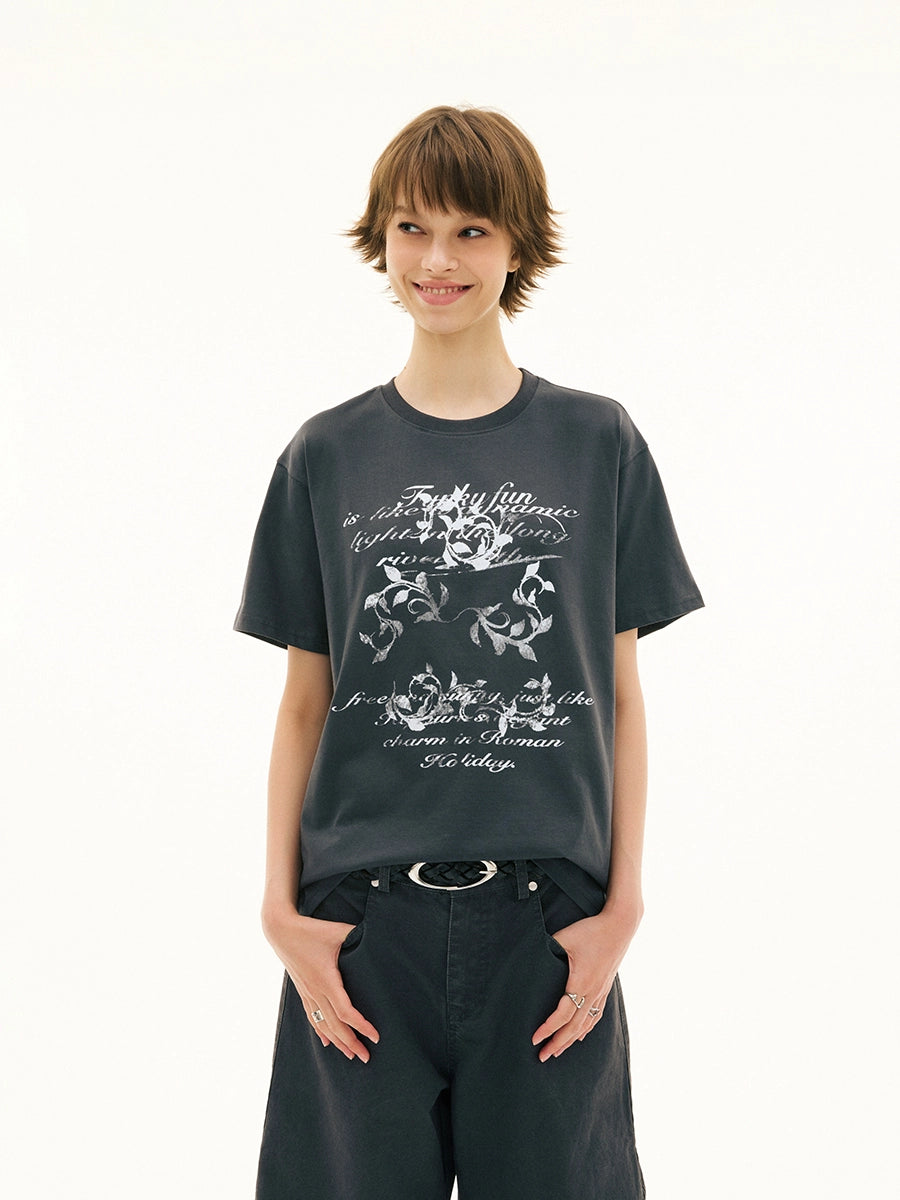 FUNKYFUN Old Mottled Flower Slogan Printed Tee