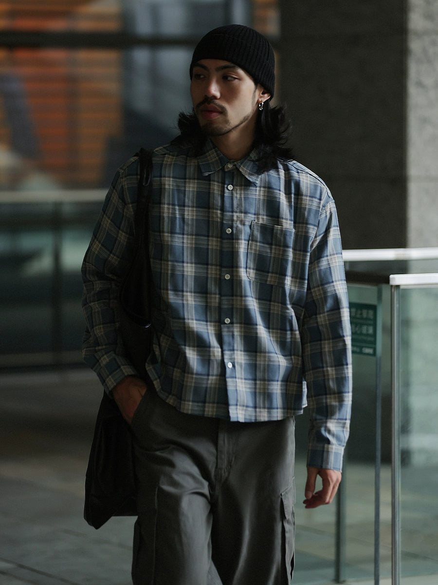 NOEARS Japanese Retro Plaid Loose Long-sleeved Square Neck Shirt