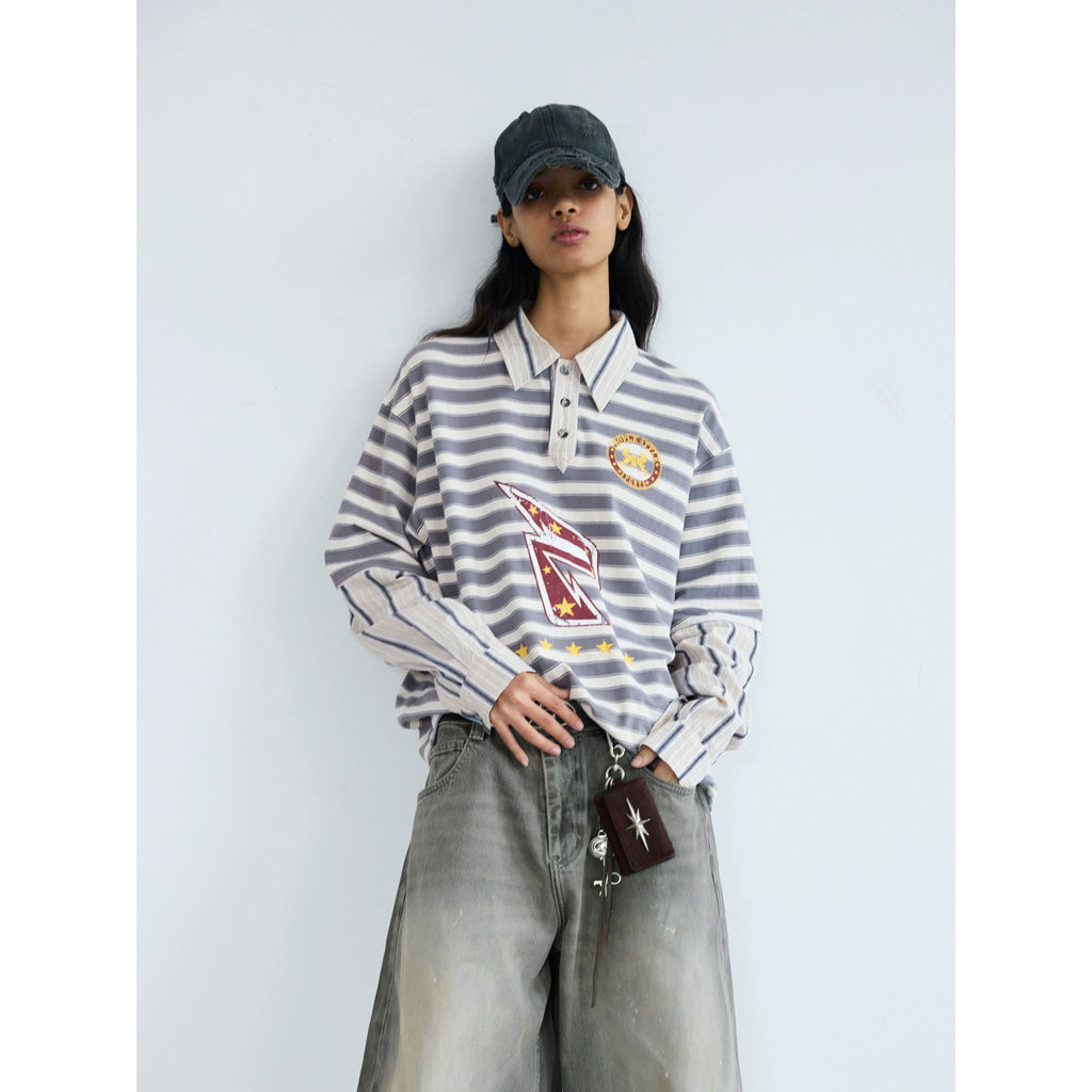 PEOPLESENSE Striped Fake Two-piece Splicing POLO Collar Long Sleeve