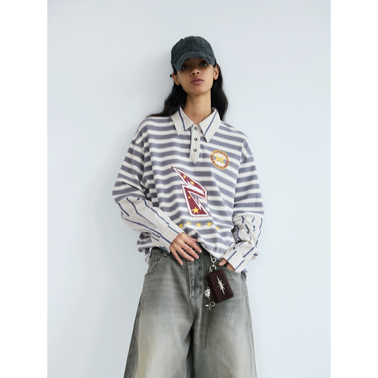 PEOPLESENSE Striped Fake Two-piece Splicing POLO Collar Long Sleeve