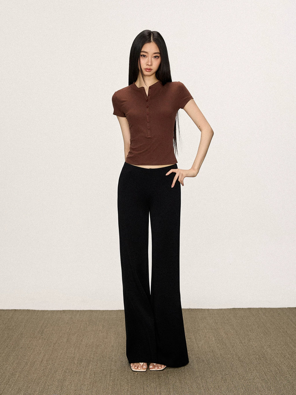 Cherry Melody Henry Collar Shoulder Crew Neck Slim Tee