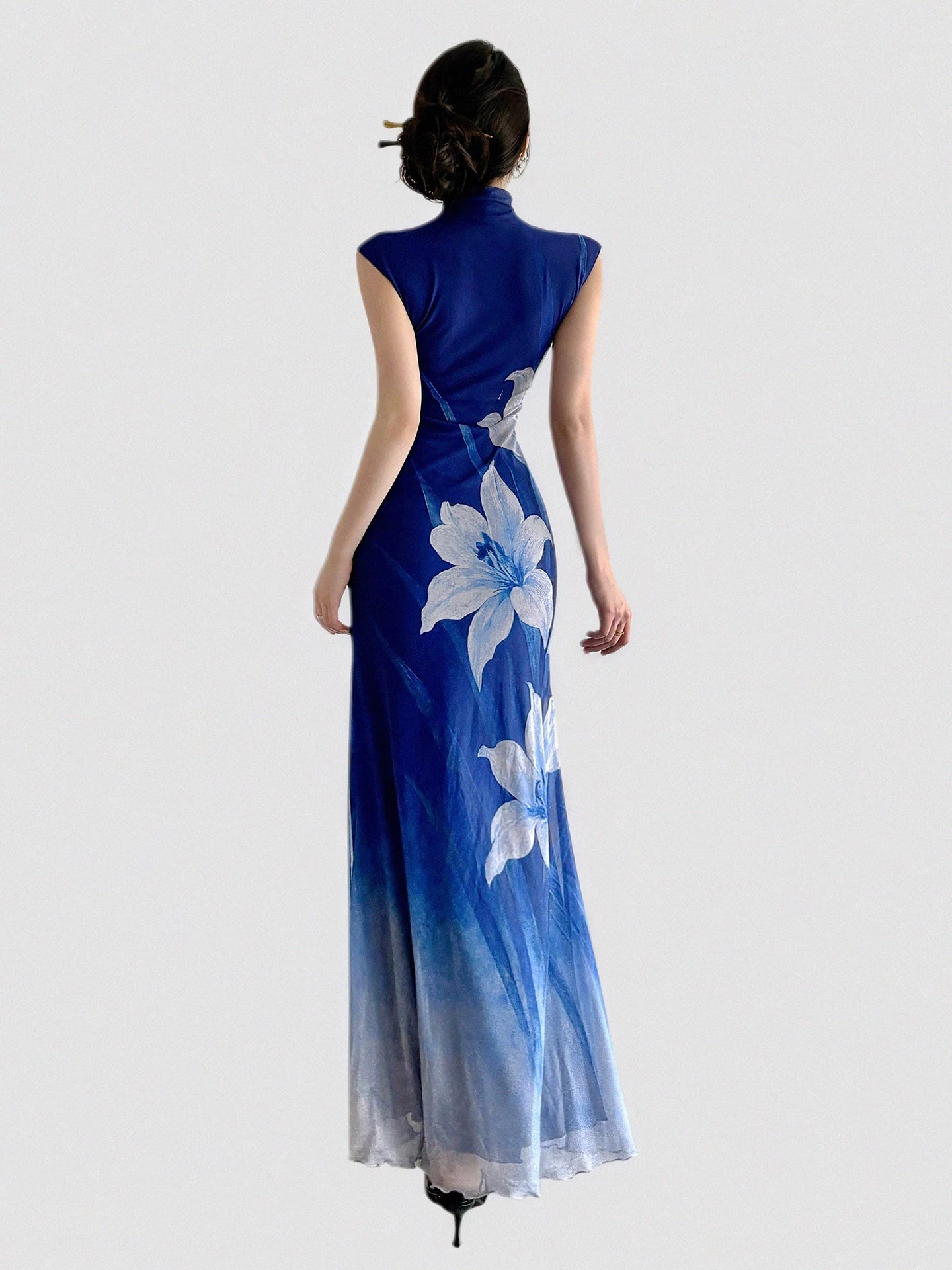 FUNOFF Retro Flower Gradual Change Waist Mesh Dress
