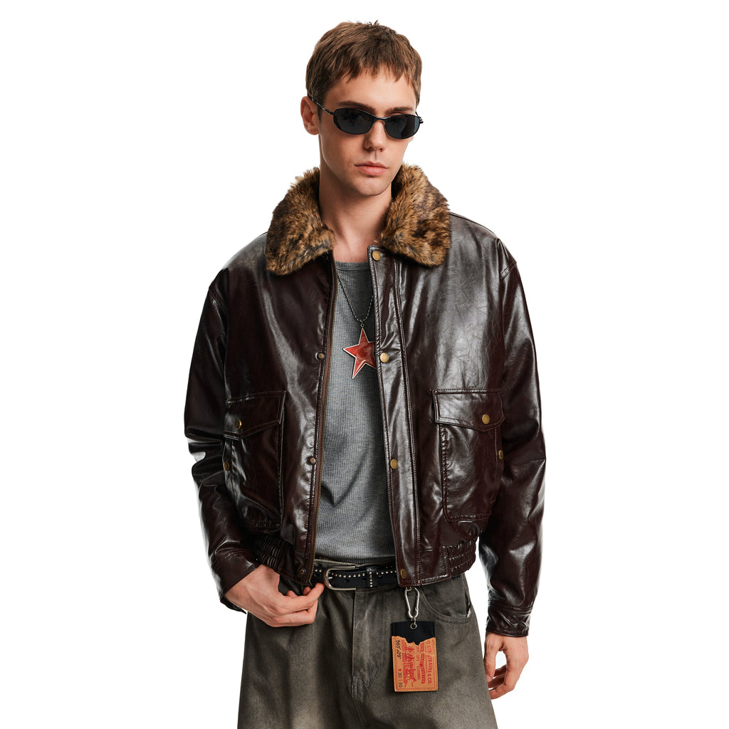 MADWITCH Retro Stitching Fur Collar PU Leather Jacket Cotton Jacket