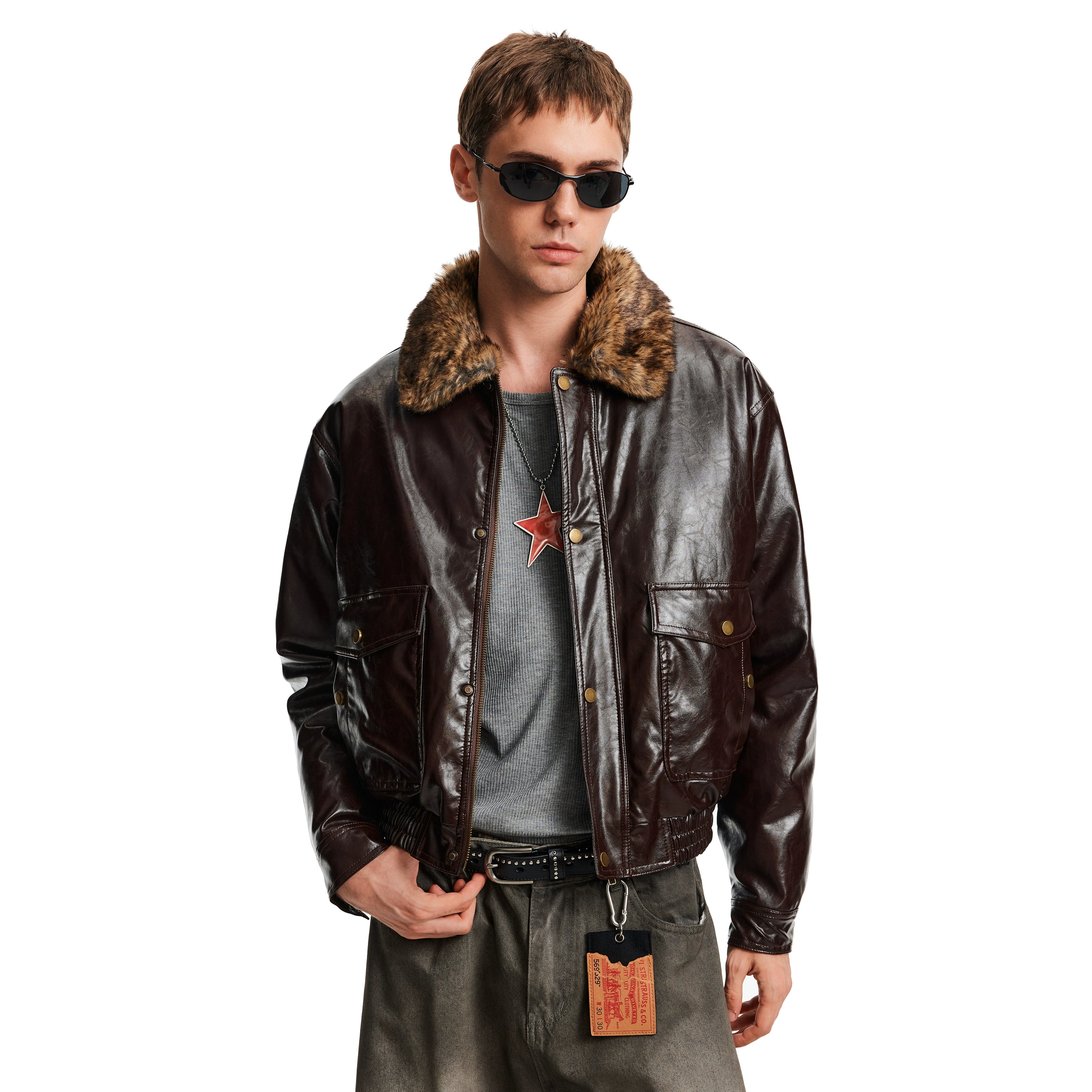 MADWITCH Retro Stitching Fur Collar PU Leather Jacket Cotton Jacket