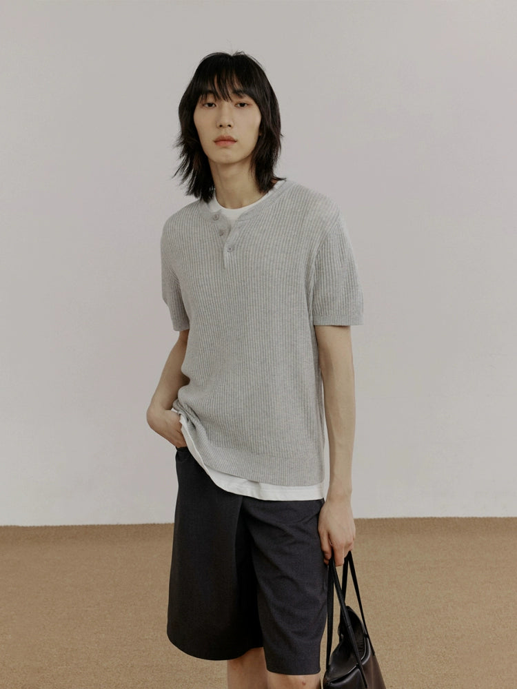 COLN Solid Color Simple Henry Collar Tee