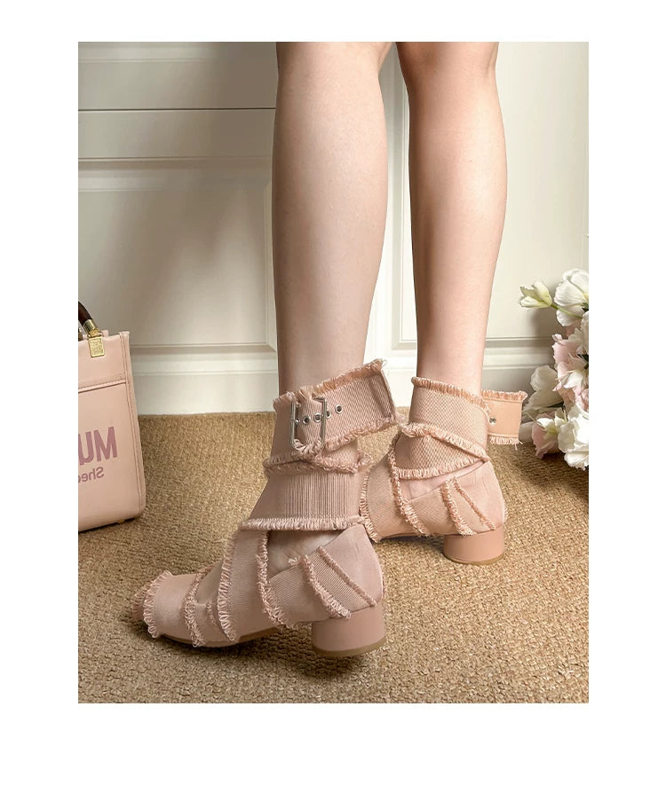CHRNDXEE low-heeled vintage fringed cross-strap Mary Jane shoes