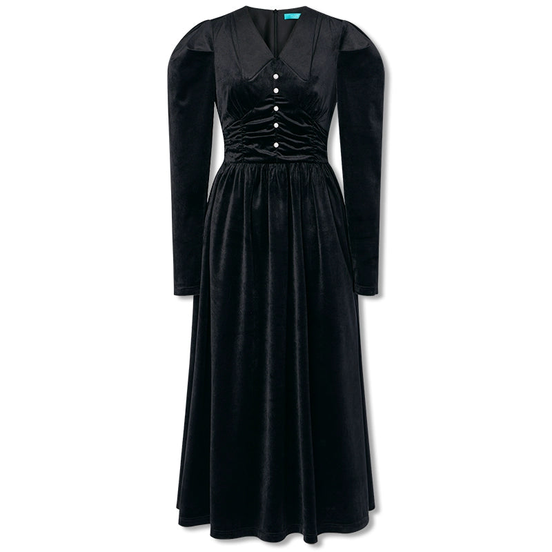 IMONE Vintage Velvet V-Neck Waist Long Sleeve Dress