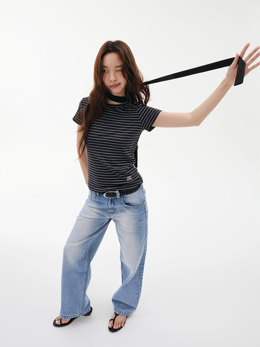 FUNKYFUN Elastic Comfortable Soft Contrasting Striped Slim Tee