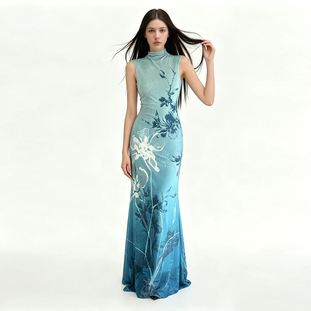 FUNOFF Retro Floral Gradual Change Waist Cheongsam Dress