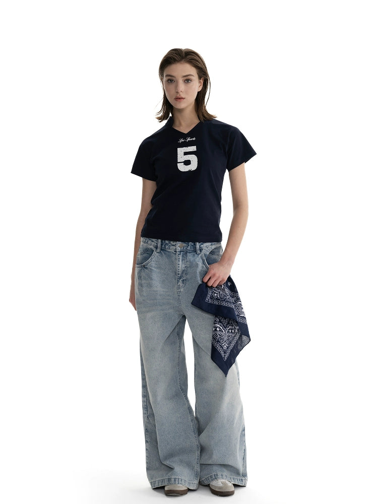 Loopsoon Retro Jersey Printed Simple Letter Tee