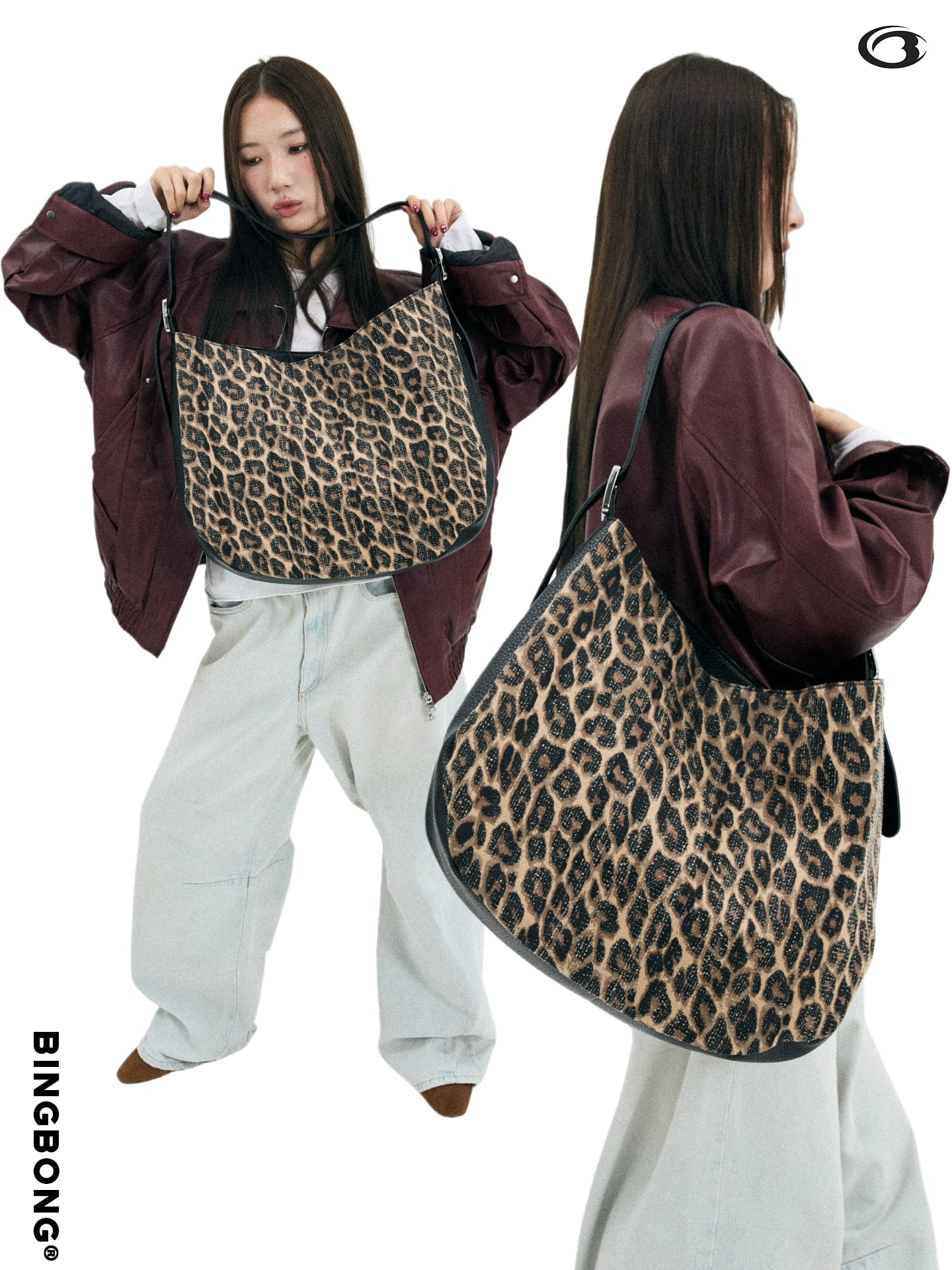 BINGBONG Leopard Print Large-capacity Color Matching Messenger Tote Bag