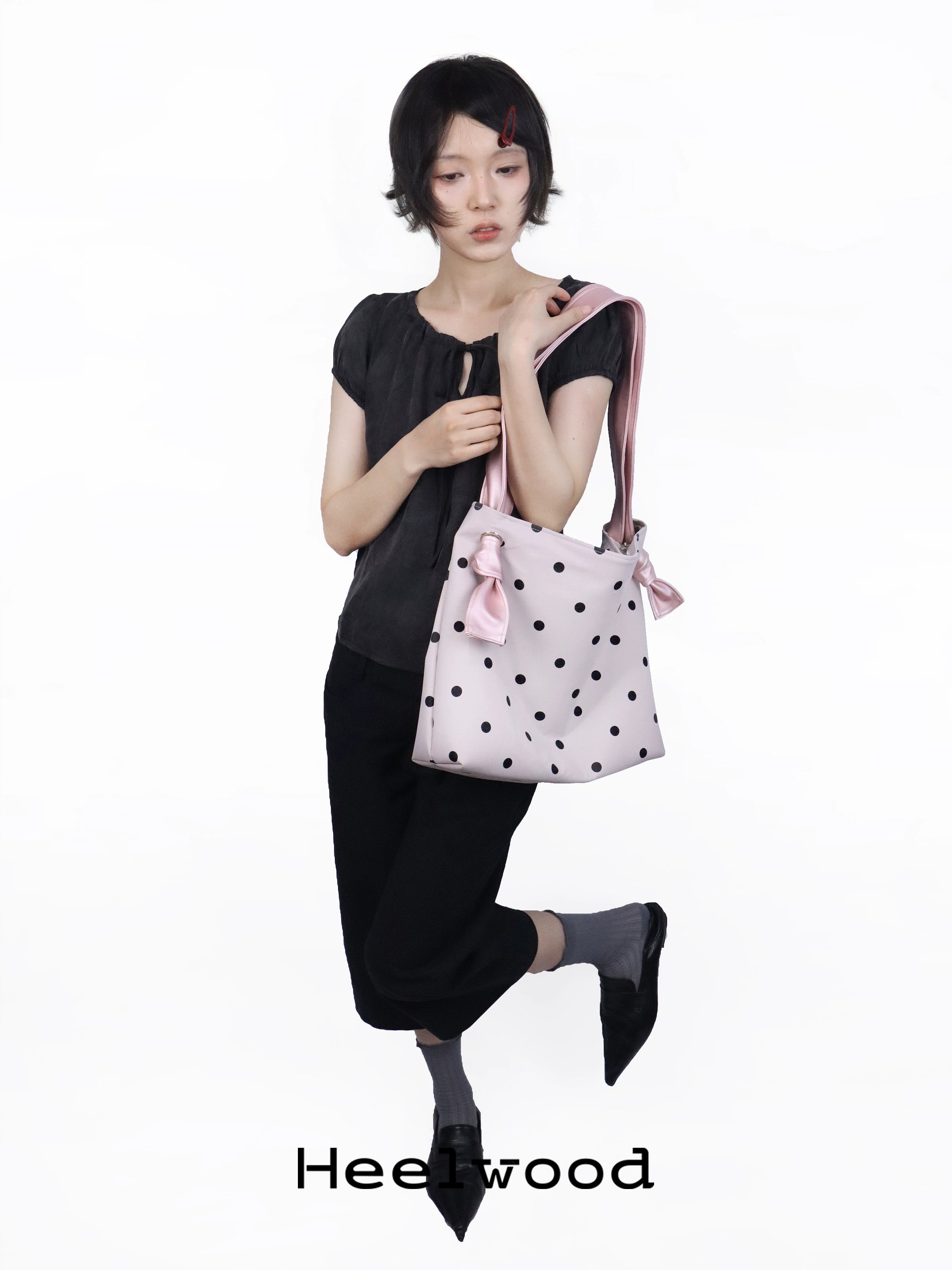 Heelwood Large Capacity Contrast Color Polka Dot Shoulder Tote Bag