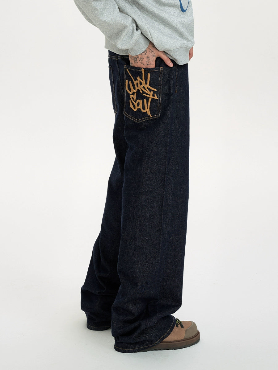 NICEBAD Washed Embroidered Straight Jeans