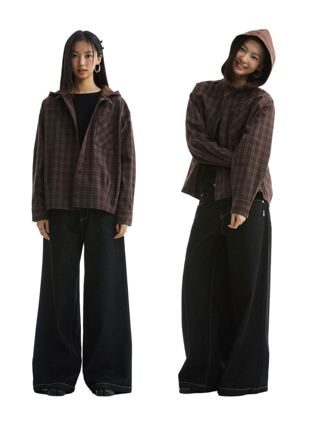 FUNKYFUN Plaid Fake Two-piece Hooded Shirt Jacket