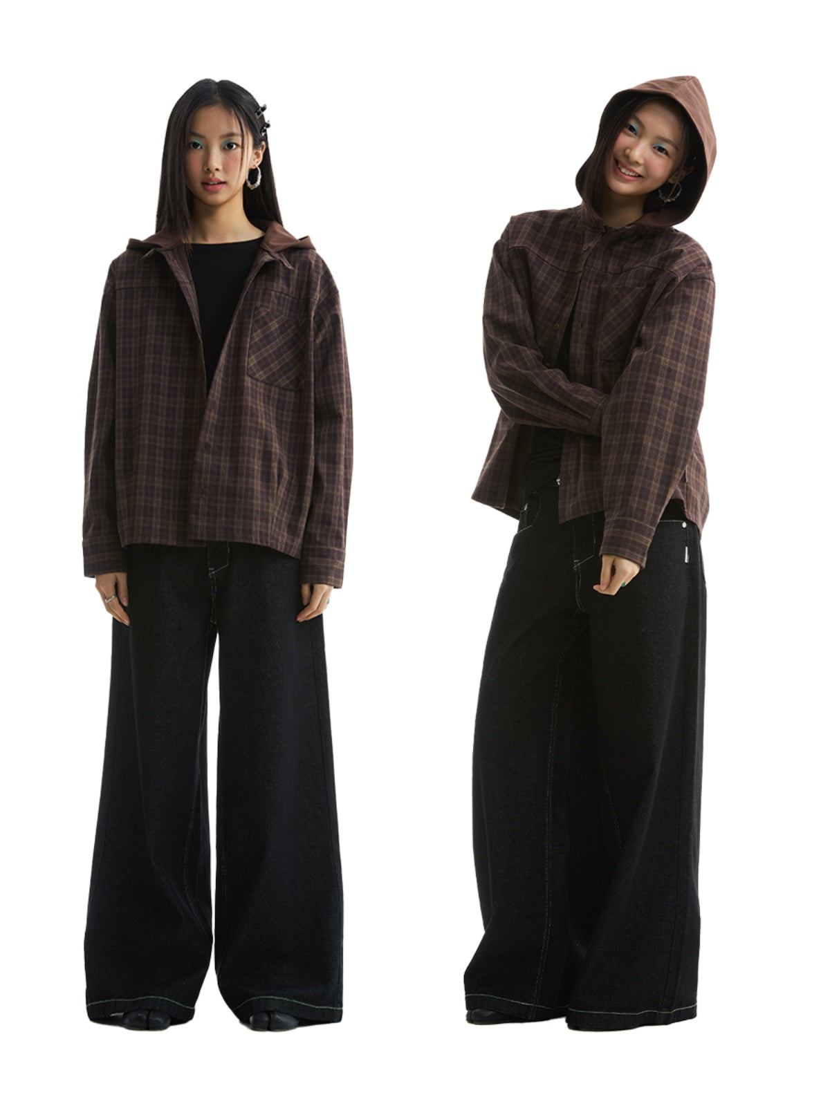 FUNKYFUN Plaid Fake Two-piece Hooded Shirt Jacket