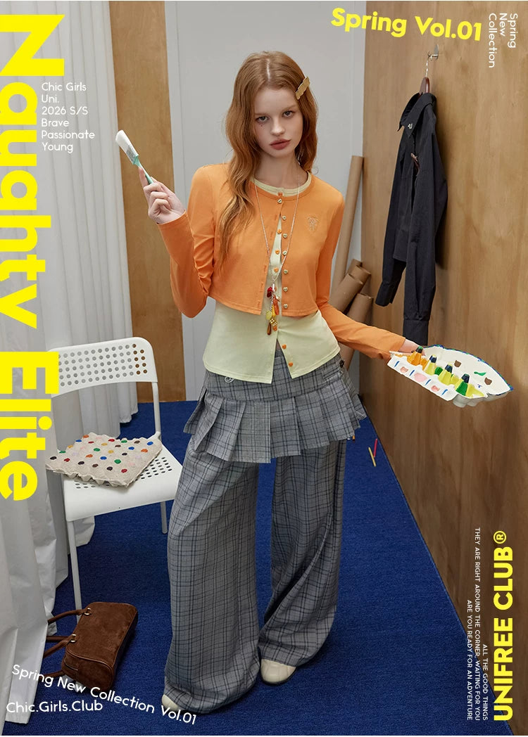 UNIFREE Plaid Straight Loose Wide Leg Skirt Fake Two-Piece Floor Pants