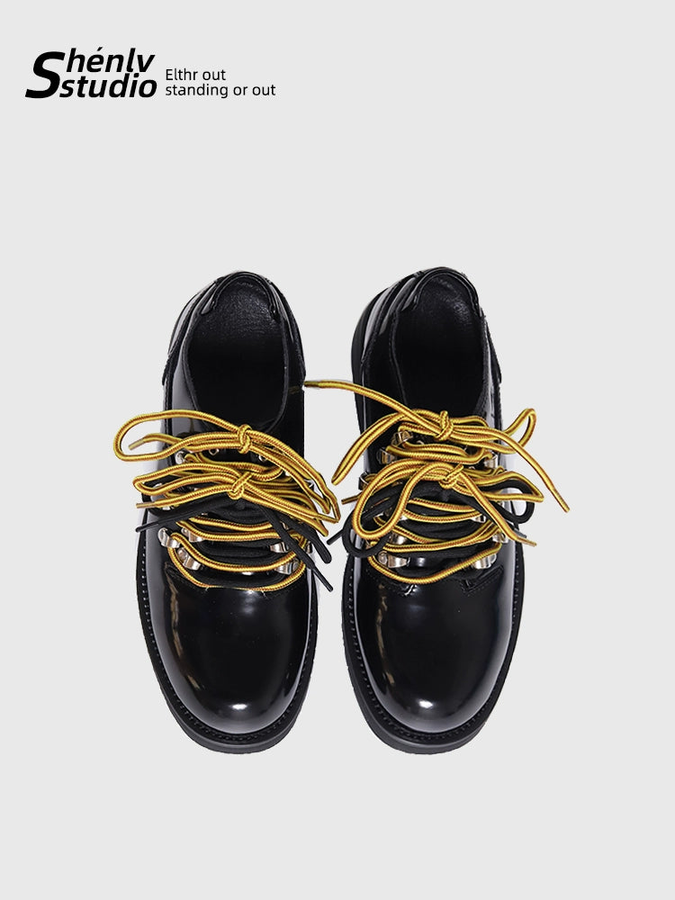 SHENLV STUDIO Patent Leather Glossy Contrasting Multi-lace Platform Leather Shoes