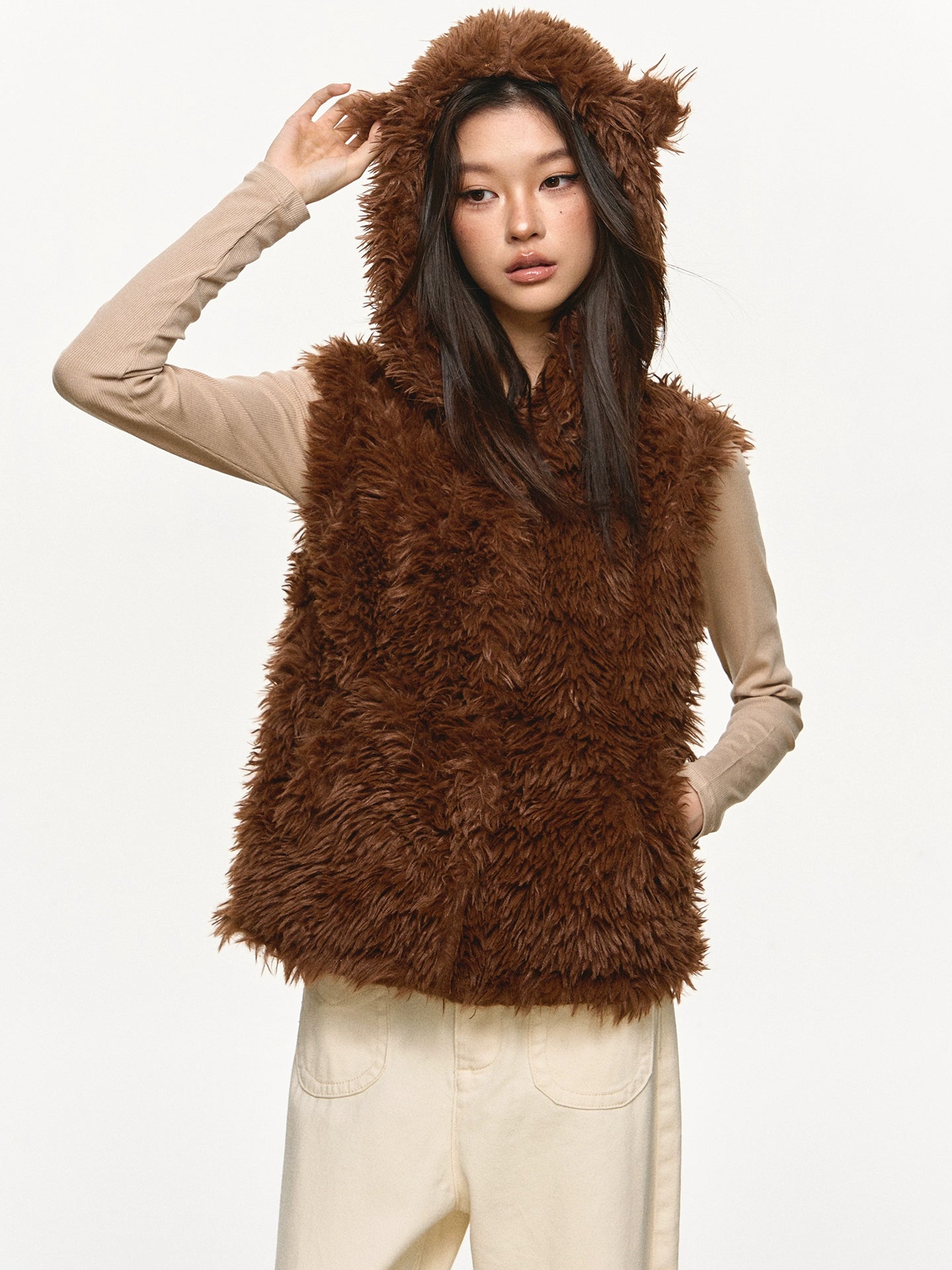 Anna Aneae Bear Ears Cute Hooded Short Fluffy Vest