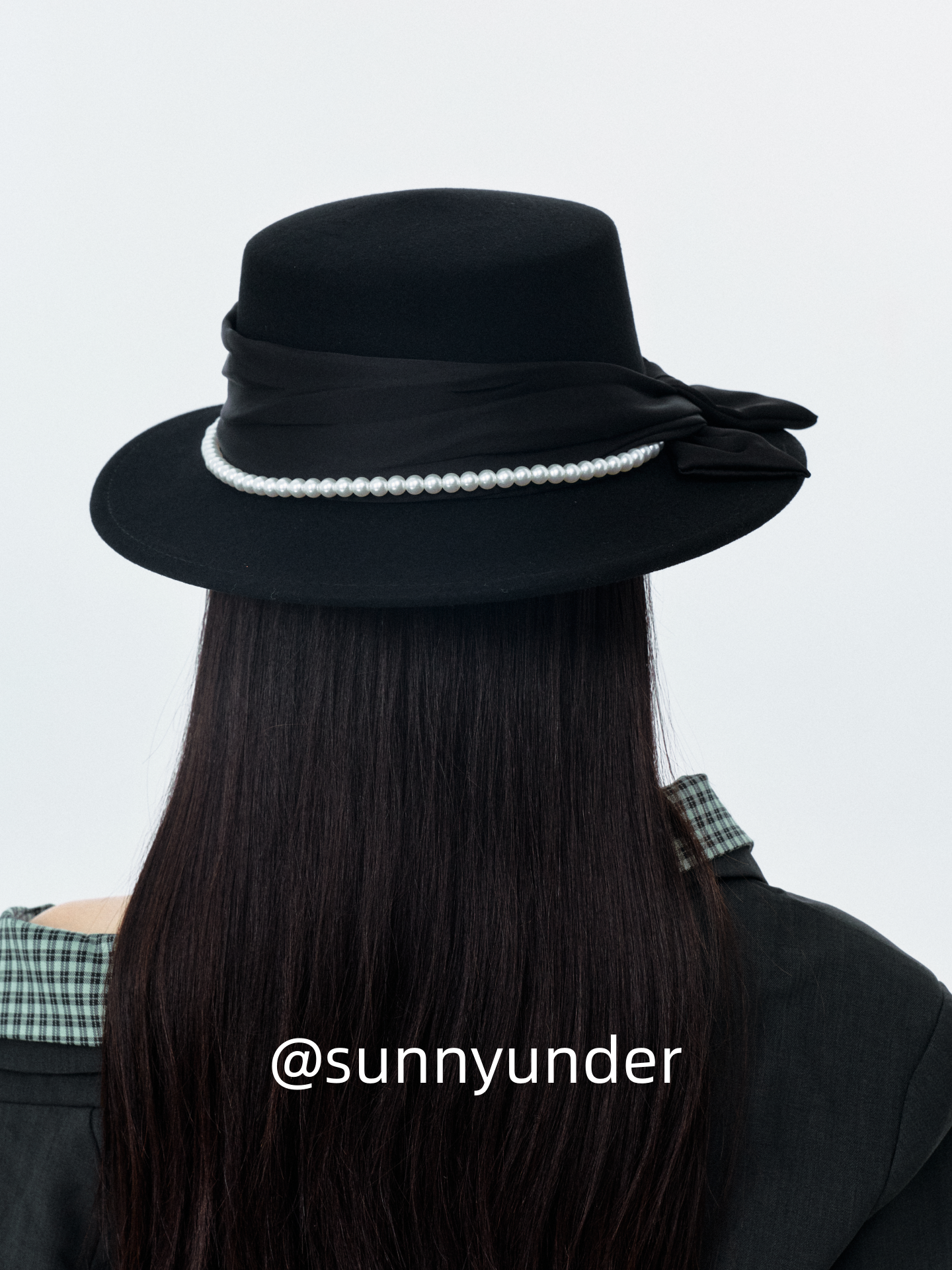 Sunnyunder Elegant Bead Strap Bow Wool Flat Top Hat
