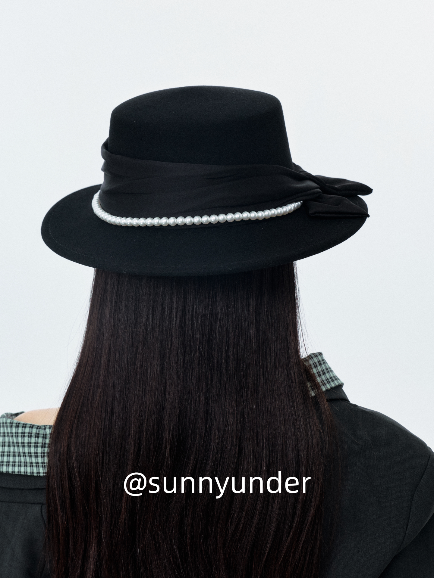 Sunnyunder Elegant Bead Strap Bow Wool Flat Top Hat