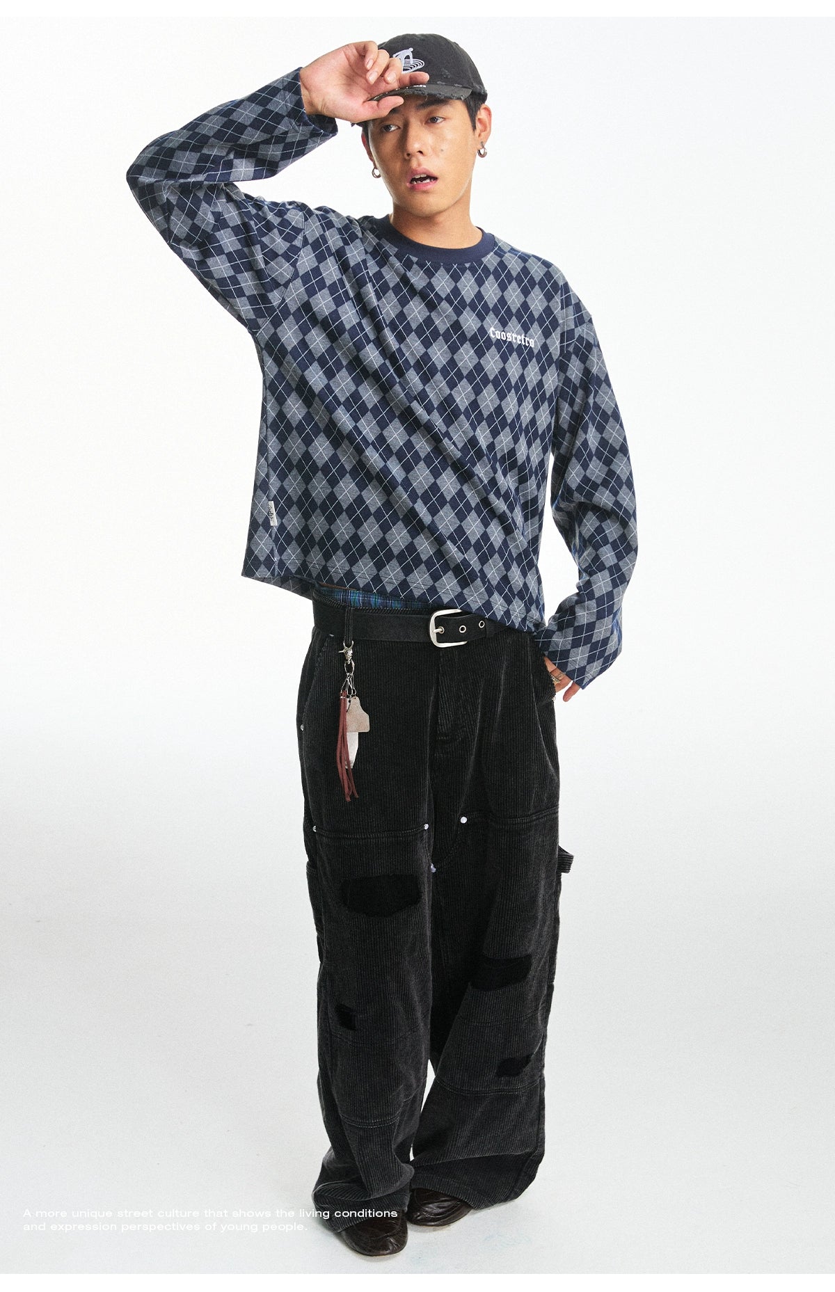 CoosRetro Vintage Rhombus Plaid Embroidery Casual Long Sleeve