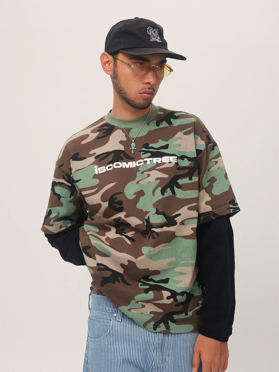 ComicTree Camouflage Stitching Fake Two-piece Letter Long Sleeve