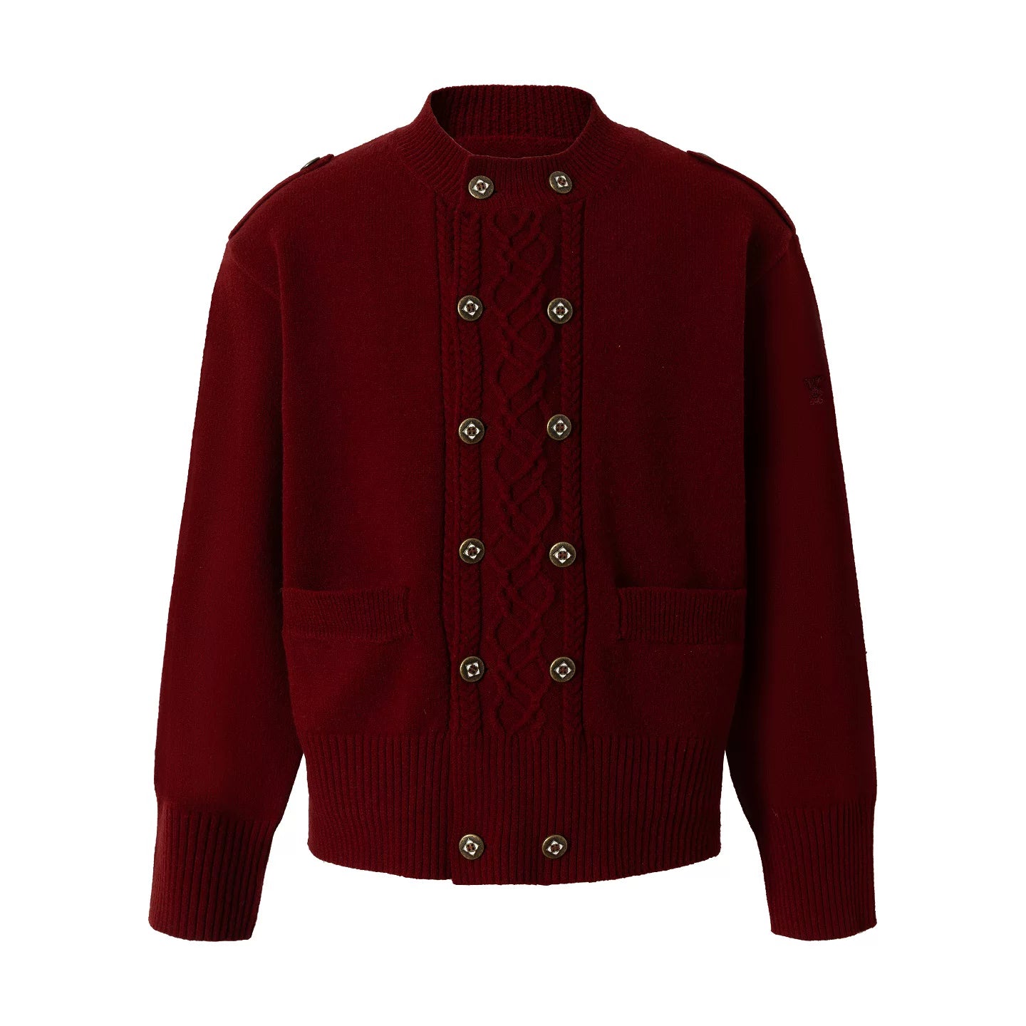 YADcrew Double-breasted Metal-buckle Crew-neck Knitted Cardigan