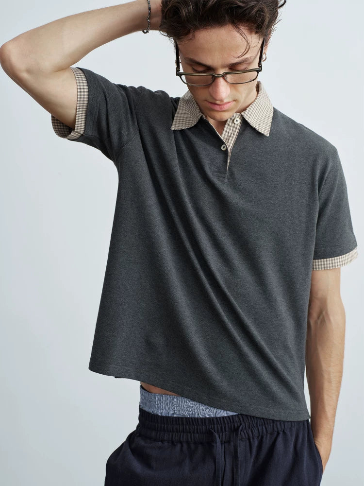VLABMADE Plaid Spliced Polo Shirt Tee