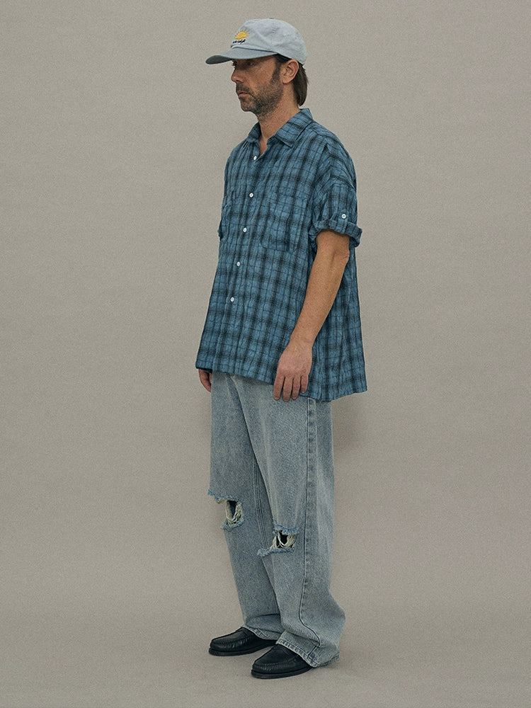 PARTIMENTO Loose Casual Pleated Plaid Shirt