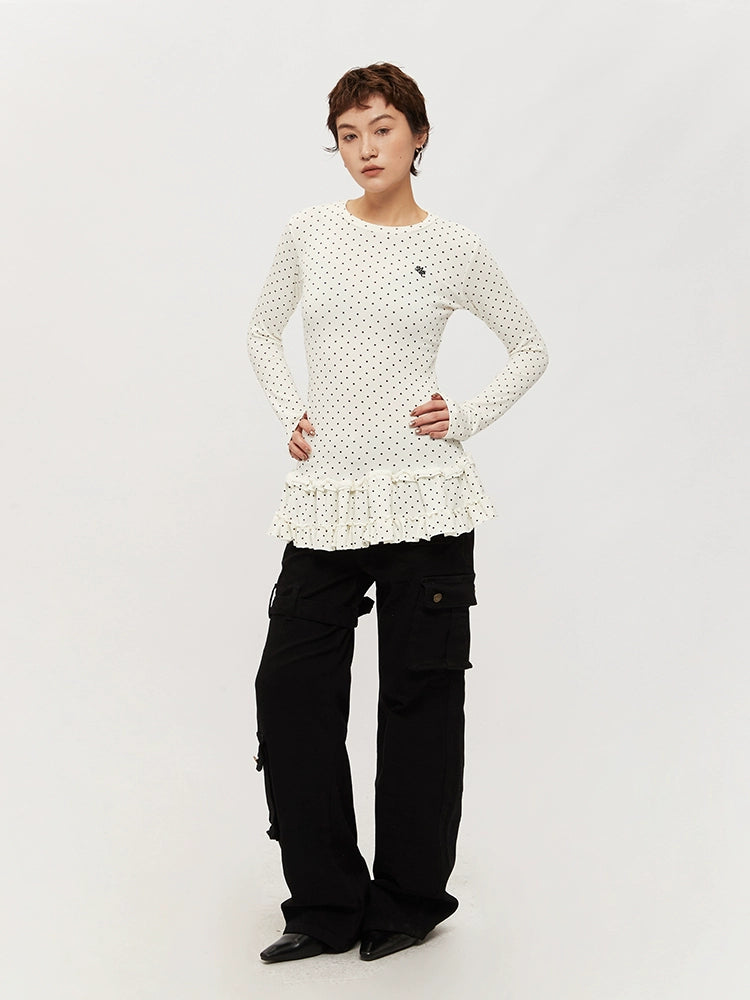 Mershier Polka Dot Full Print One-piece Pleated Skirt Long Sleeve