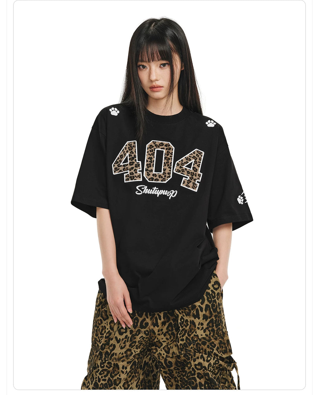 404MOB Leopard Print Horse Hair Embroidery Casual Tee