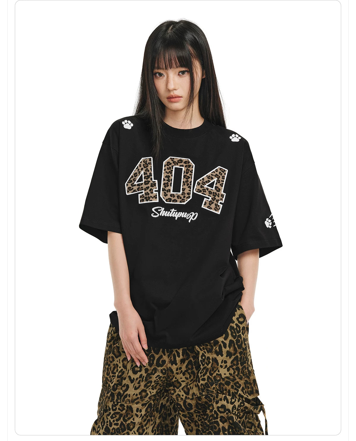 404MOB Leopard Print Horse Hair Embroidery Casual Tee