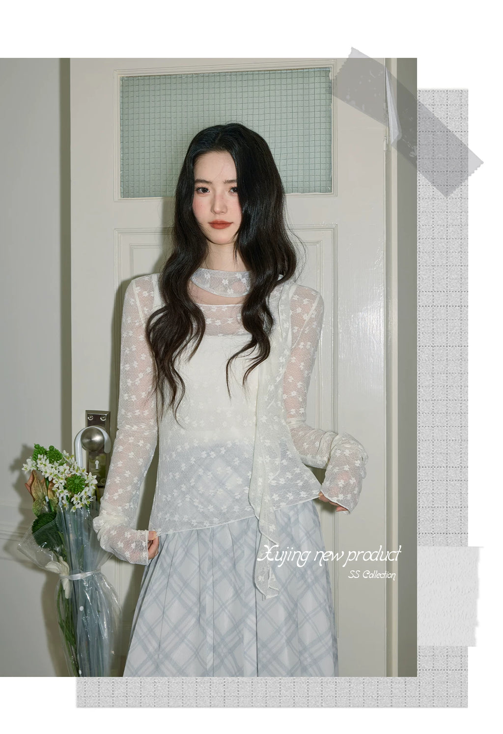 XUJING Lace Floral Slim Long Sleeves