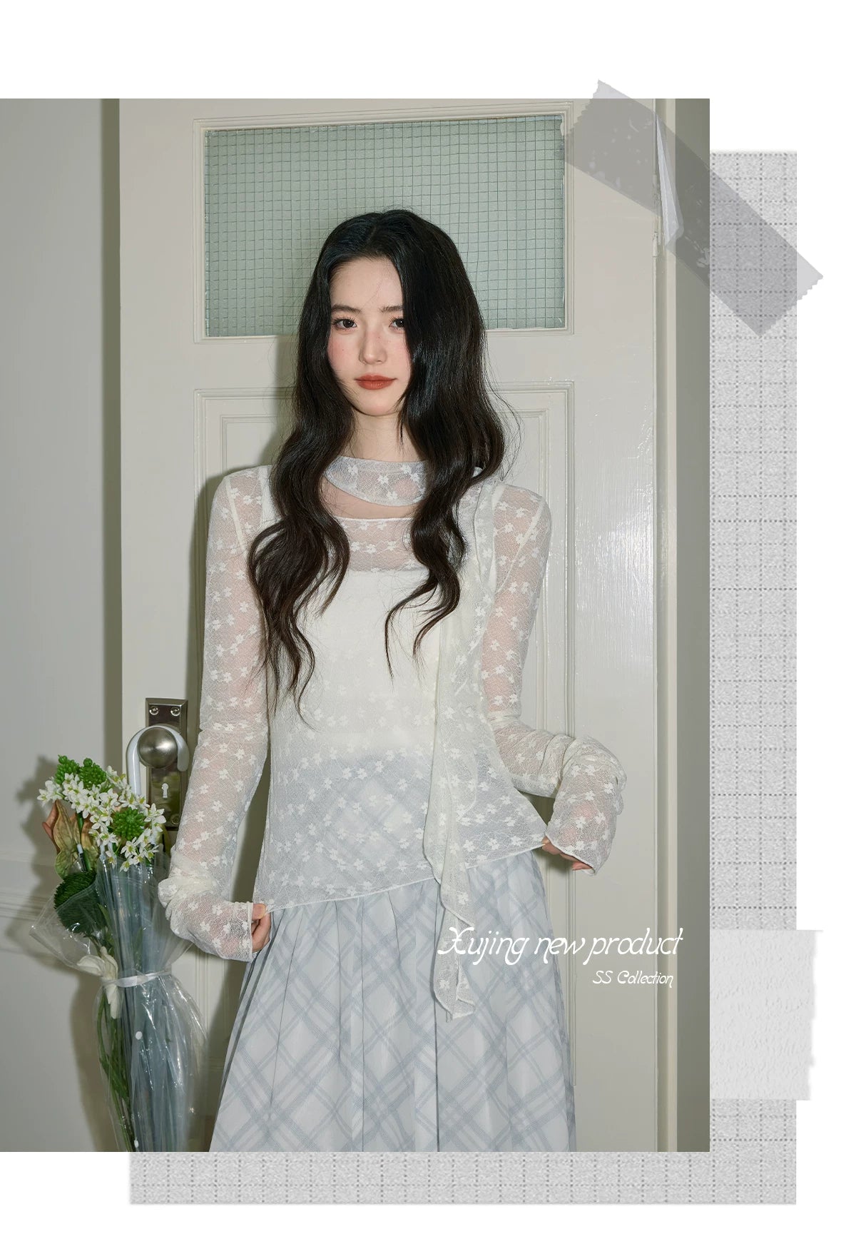 XUJING Lace Floral Slim Long Sleeves