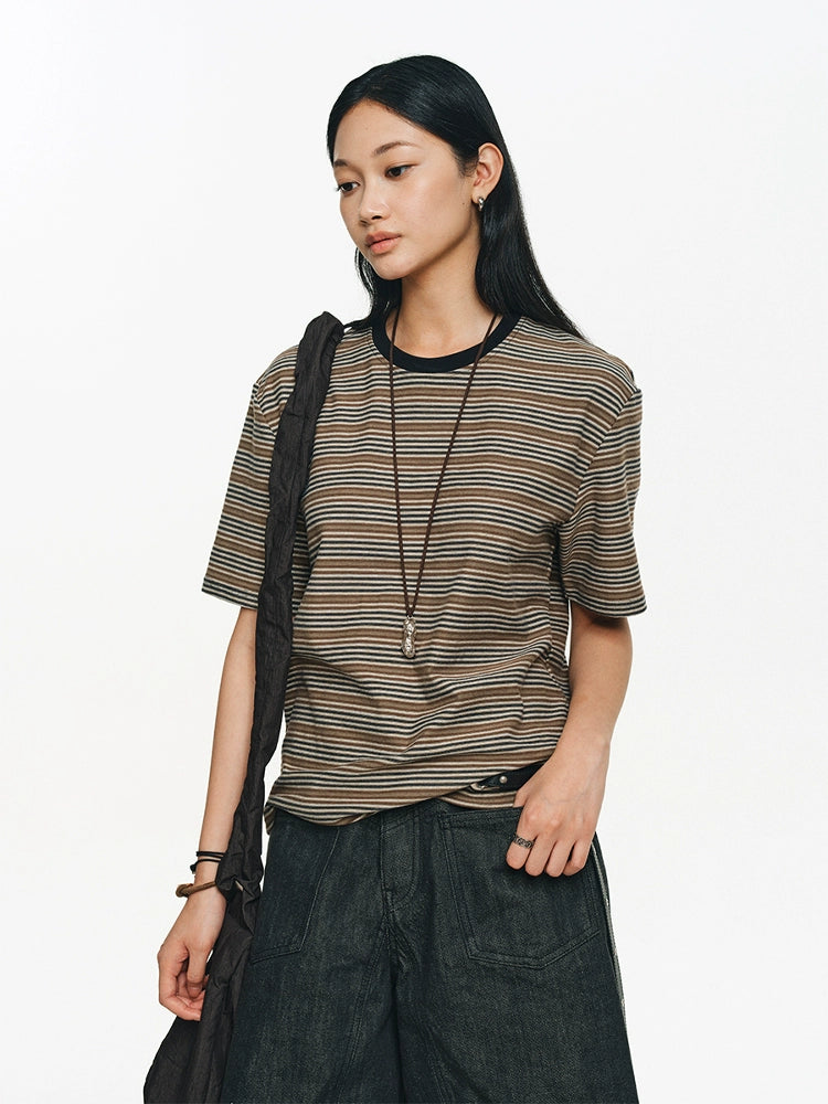 LIMPIDOCULUS Silhouette Contrasting Ribbed Crew Neck Vintage Striped TEE