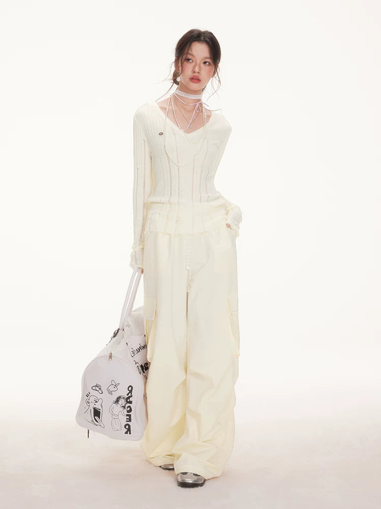 Imone Slightly Transparent Hole V Neck Waist Thin Long Sleeve