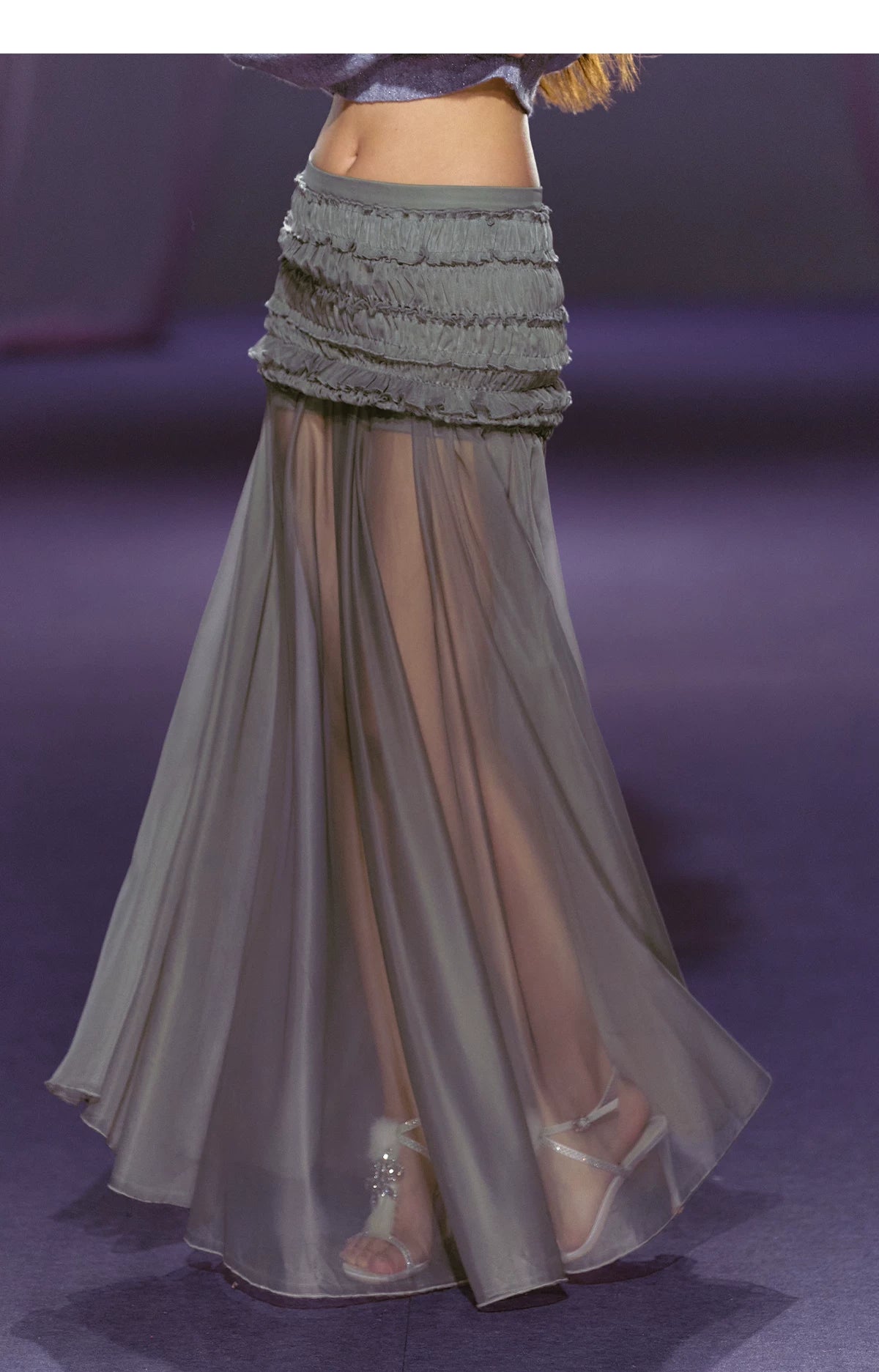 AGAM Three-dimensional Pleated Mesh Stitching Semi-transparent Long Skirt
