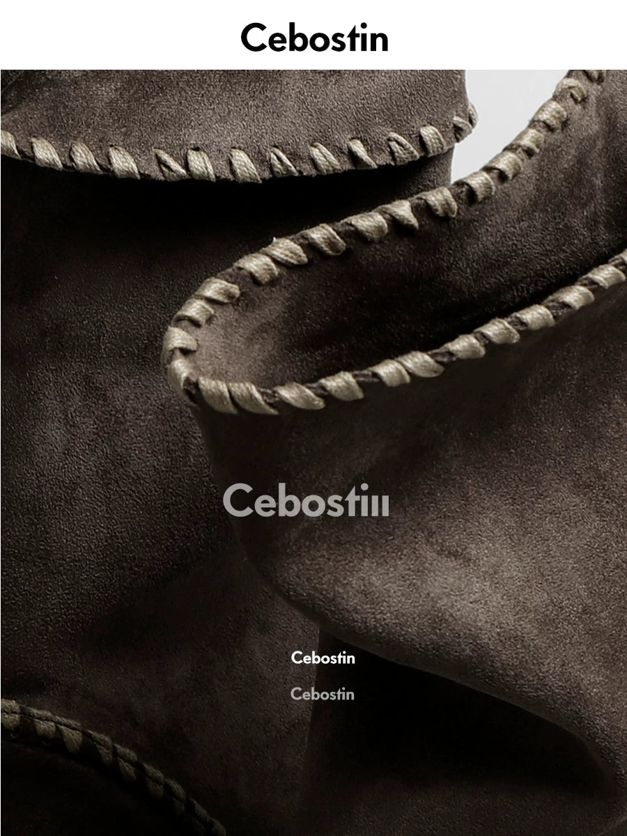 Cebostin Anti-fleece Leather Retro Flat-bottomed High Boots