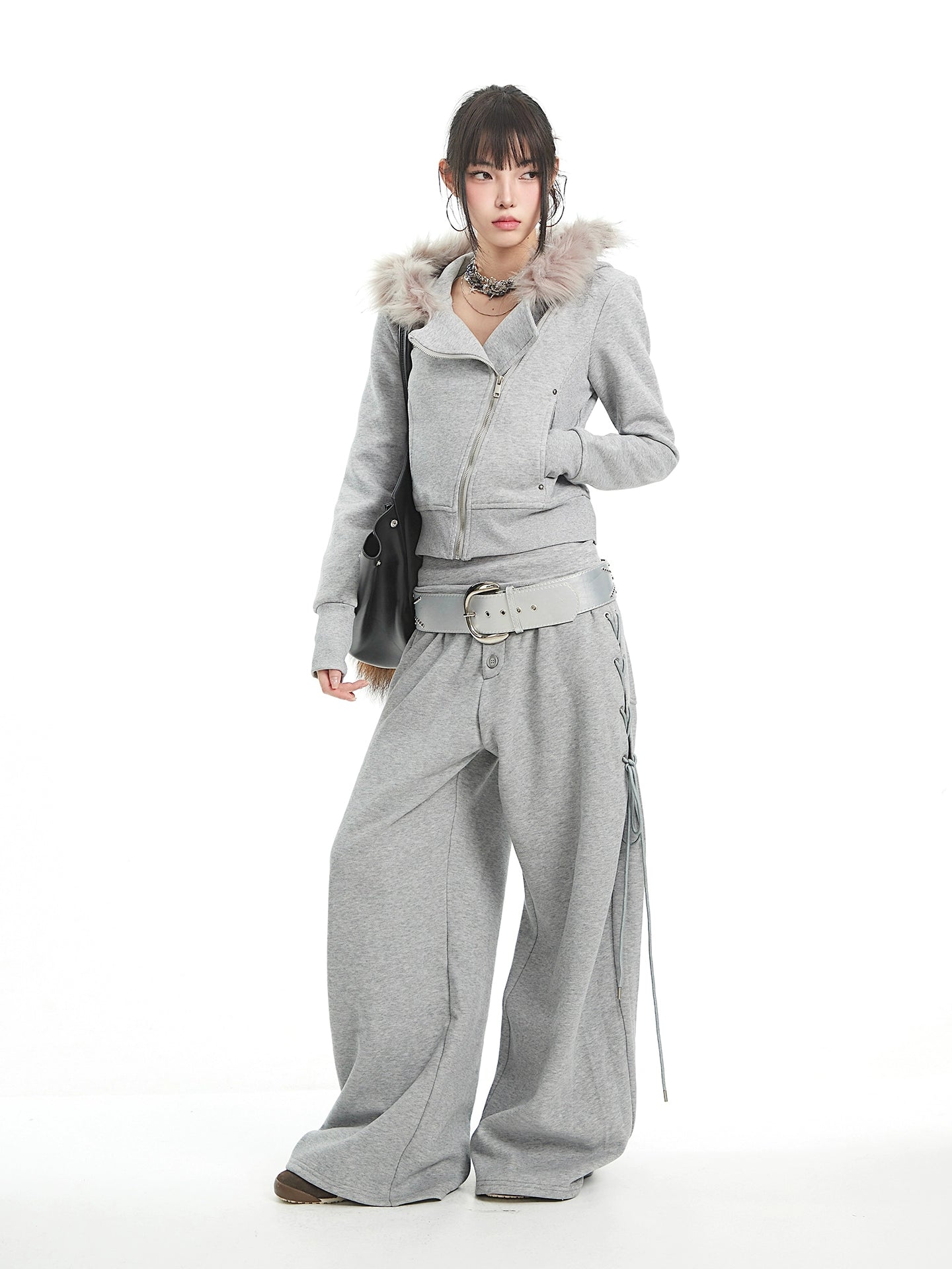 UNCMHISEX Fur Collar Hooded Sweater Jacket