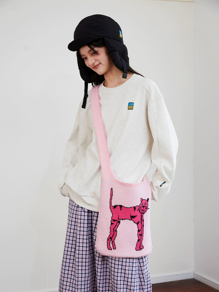 Mood Like Me Knitted Yarn Pink Cat Illustration Jacquard Crossbody Bag
