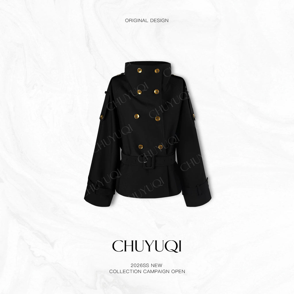 CHUYUQI Stand-up Collar Waist Double-breasted Trench Coat