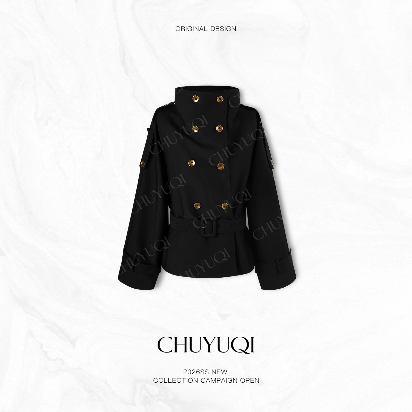 CHUYUQI Stand-up Collar Waist Double-breasted Trench Coat