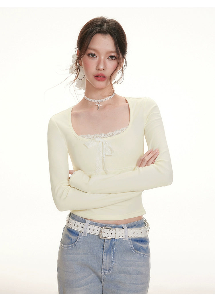 Imone Lace Splicing Bow Strap Square Neck Long Sleeve