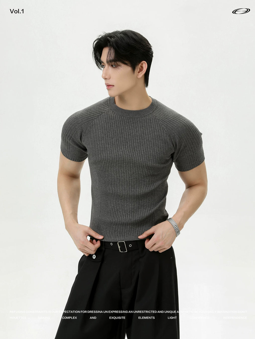 TURNTIDE Knitted Shoulder Slim Crew Neck Tee