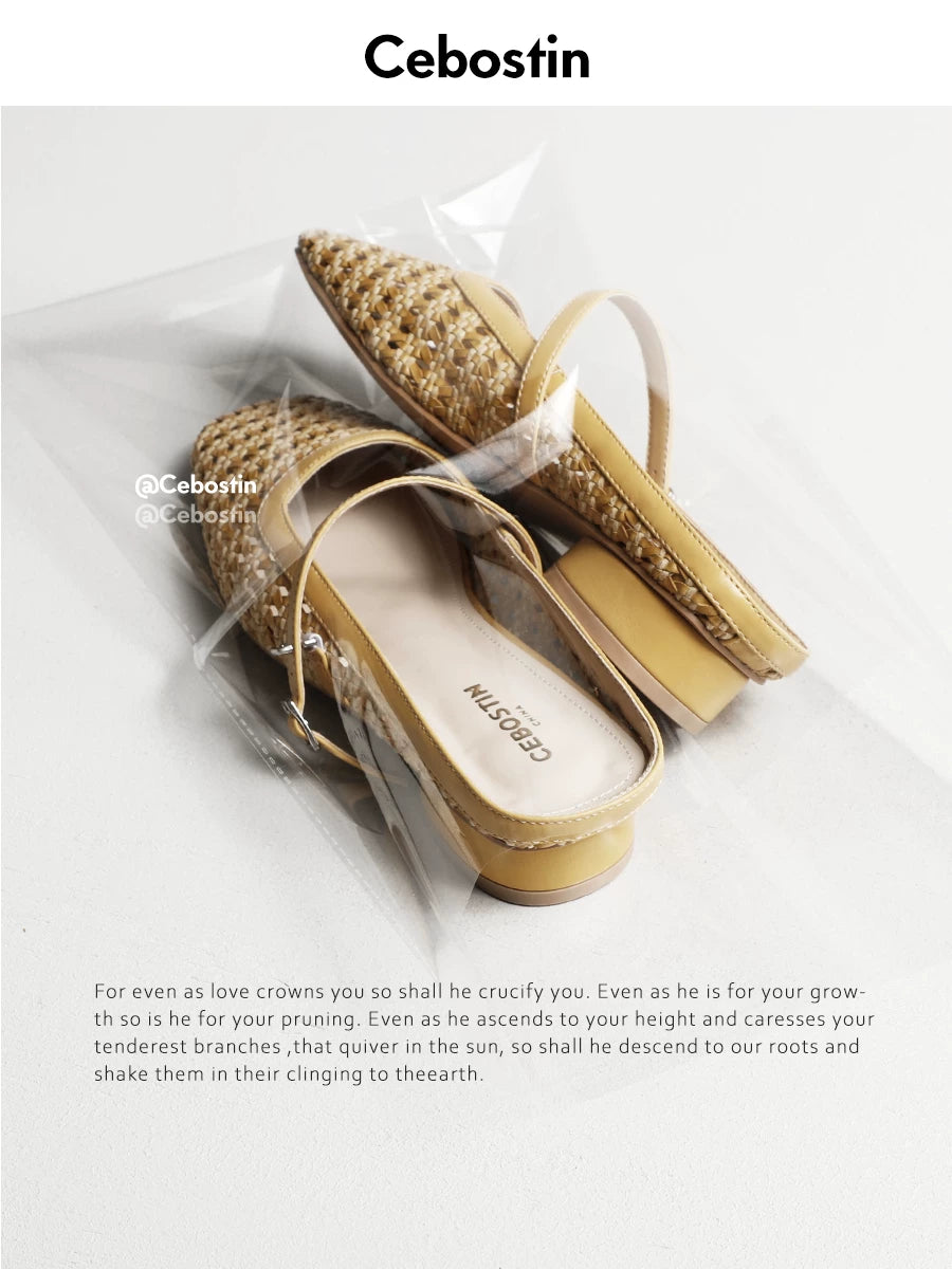 Cebostin Square Head Woven Hollow Thick Heel Sandals