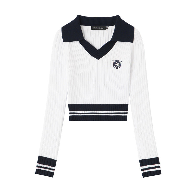 Nariele College Knitted Lapel Contrast Top