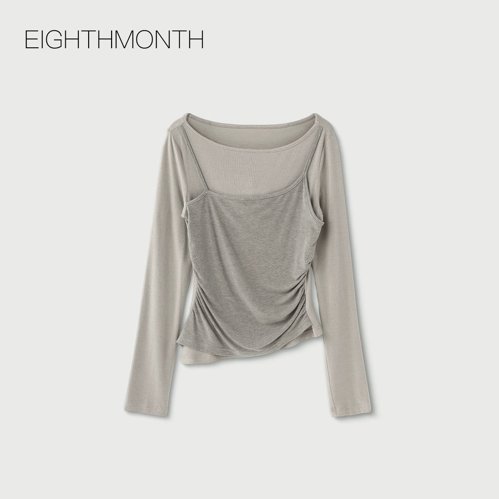 EIGHTHMONTH Suspender Fake Two-piece Splicing Slim-fit Pleated Long Sleeve