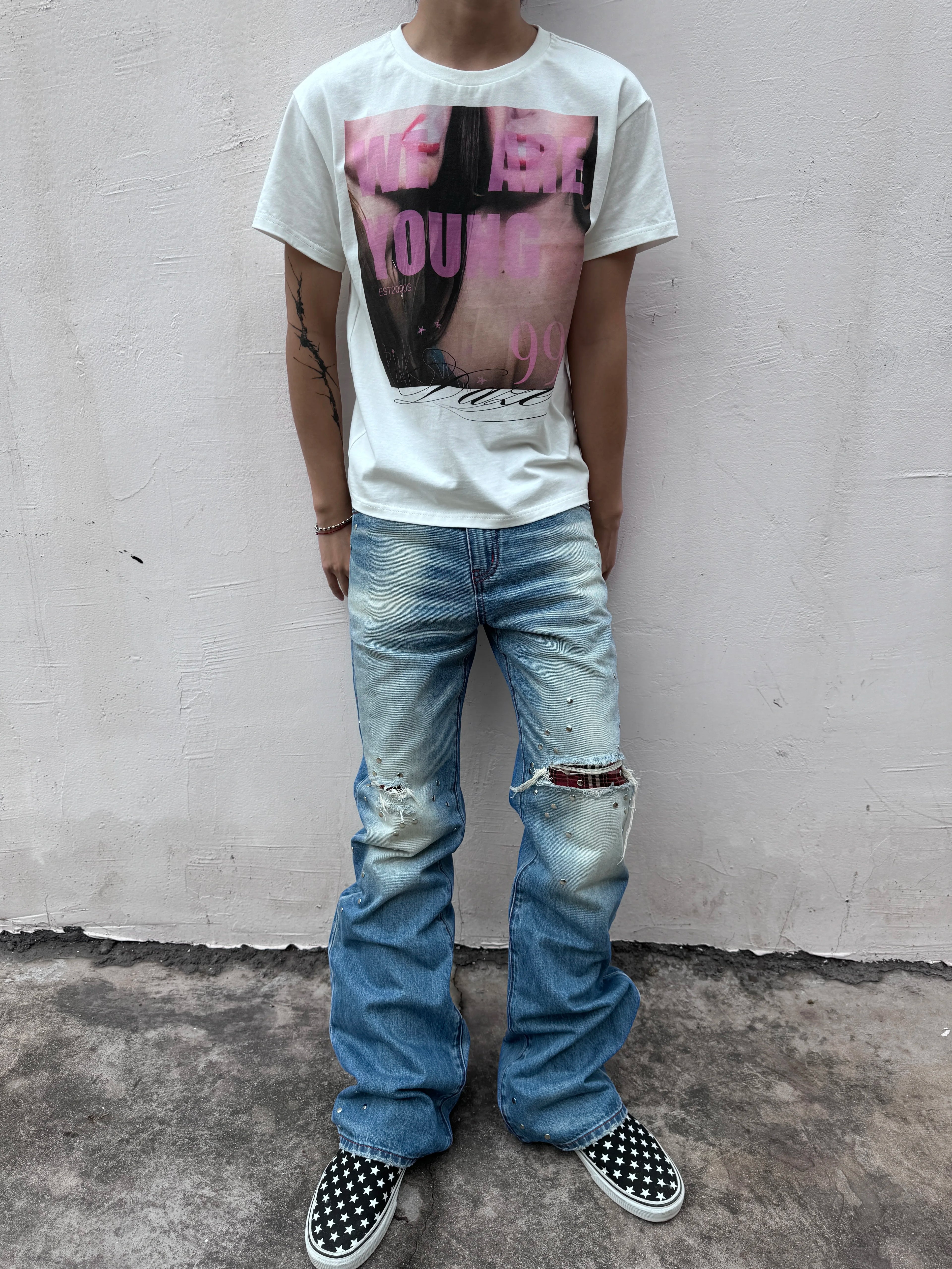 No E Mosen Plaid Rivet Pull Jeans