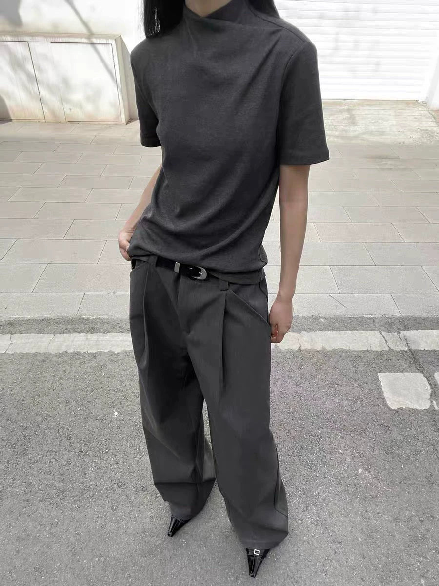 AMBSOM Crossed Jumpneck Front Shoulder Knitted Slim Fit Tee